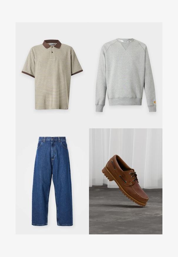 Sweat-shirt gris clair à col rond, manches longues, poignets et ourlet côtelés, avec une petite étiquette logo sur le poignet de la manche gauche.; Polo à manches courtes avec fines rayures horizontales beige, bleues et jaunes, col et bordures des manches marron, patte à deux boutons.; Jean large en denim bleu foncé. Présente une taille haute, des passants de ceinture et un design classique à cinq poches. Ourlet piqué avec une finition soignée.; Chaussure de bateau en cuir marron avec des lacets noirs, des coutures beiges et une semelle robuste, suspendue au-dessus d'un sol en béton gris.