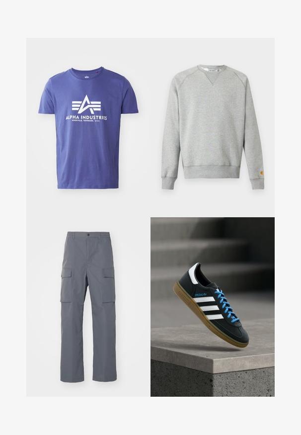 Sudadera gris claro con cuello redondo, mangas largas, puños y dobladillo acanalados, y pequeño parche con logo en el puño de la manga izquierda.; Camiseta de algodón morada de manga corta, que presenta un logo blanco que incluye "ALPHA INDUSTRIES" y un diseño geométrico.; Pantalones cargo grises hechos de una tela duradera. Las características incluyen una cinturilla elástica, dos grandes bolsillos laterales y un corte recto.; Zapatilla negra Adidas con franjas blancas, cordones azules y suela de goma flotando sobre un escalón de hormigón gris con luz suave.