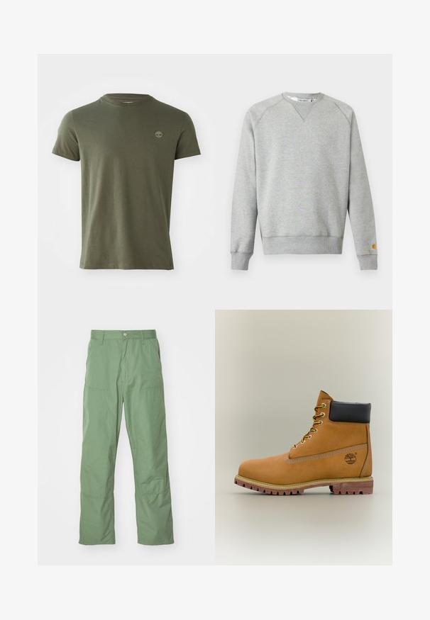 Sudadera gris claro con cuello redondo, mangas largas, puños y dobladillo acanalados, y pequeño parche con logo en el puño de la manga izquierda.; Camiseta de algodón verde olivo con cuello redondo, mangas cortas y un pequeño logo bordado en el pecho. Textura suave, corte clásico.; Pantalones de corte relajado en un suave tono verde claro, con una textura lisa, que incluyen bolsillos laterales y detalles de costura visibles. De largo completo con un diseño de pierna recta.; Bota de tobillo de cuero marrón con cuello negro, cordones amarillos y suela beige. Presenta un logotipo y detalles de costura blanca. Suela exterior con tracción robusta.