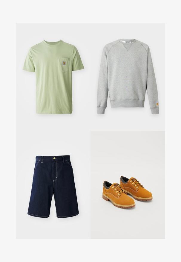 Hellgraues Sweatshirt mit Rundhalsausschnitt, langen Ärmeln, gerippten Bündchen und Saum sowie kleinem Logo-Patch am linken Ärmelbündchen.; Helles grünes T-Shirt mit kurzen Ärmeln aus weichem Stoff, mit einer Brusttasche und einem quadratischen Logo-Patch. Schlichtes, unverziertes Design.; Dunkelblaue Denim-Shorts mit weißen Nähten, einem klassischen Schnitt, fünf Taschen und einem Frontknopfverschluss.; Braune Wildlederschuhe mit einer runden Zehenpartie, gelben Schnürsenkeln, einem gepolsterten schwarzen Kragen und Gummisohlen mit Rillen für besseren Halt.