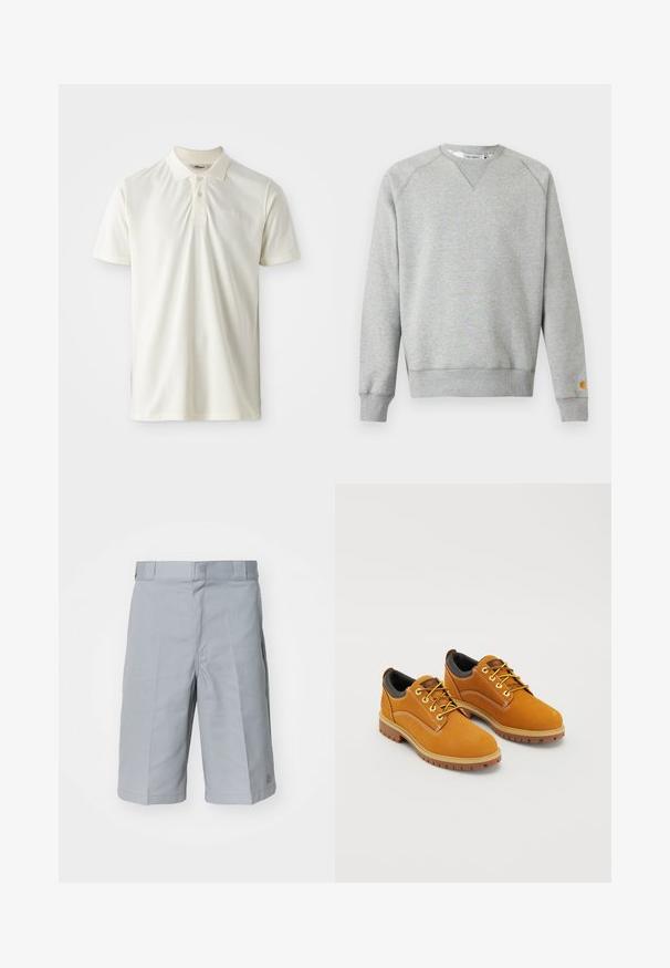 Sweat-shirt gris clair à col rond, manches longues, poignets et ourlet côtelés, avec une petite étiquette logo sur le poignet de la manche gauche.; Polo-shirt beige clair en tissu doux, avec un col, un patte de boutonnage à trois boutons et un broderie de logo discrète sur la poitrine.; Shorts gris clair en tissu résistant, dotés d'une coupe droite, d'une taille avec passants de ceinture et de détails de plis subtils.; Chaussures en daim marron avec un bout rond, des lacets jaunes, un col rembourré noir et des semelles en caoutchouc avec des rainures de traction.
