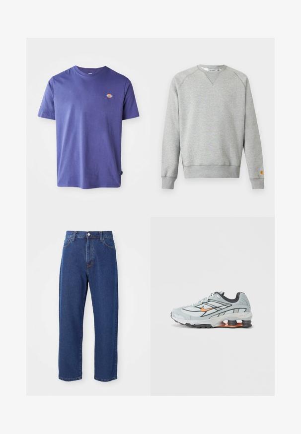 Lysegrå crewneck sweatshir t med lange ærmer, ribbede manchetter og kant, samt lille logo patch på venstre ærmekant.; Lilla bomulds t-shirt med rund hals og korte ærmer. Har et lille logo på brystet. Glat tekstur, afslappet pasform.; Høj taljede blå jeans i denim, med lige ben silhuet, synlige stikninger og en frontknaplukning.; Lyst grå løbesko med sorte detaljer, orange logo, mesh-overdel, polstret krave og gummisål med synlige stødabsorberende enheder.