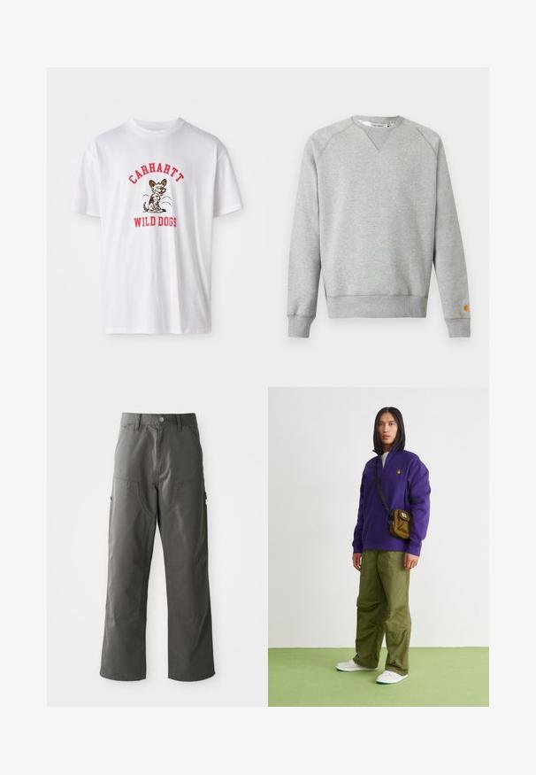 Lysegrå crewneck sweatshir t med lange ærmer, ribbede manchetter og kant, samt lille logo patch på venstre ærmekant.; Hvid bomulds t-shirt med røde broderede tekst "CARHARTT WILD DOGS" og en tegneseriehund grafik foran. Korte ærmer, rund halsudskæring.; Grå cargo-bukser med lige bendesign, der har to forlommer og ekstra sidelommer til opbevaring. Lavet af slidstærkt stof.; Jordan AIR JORDAN 1 ZM CMFT 2 - Sneakers high - summit white/bicoastal/oxidized green