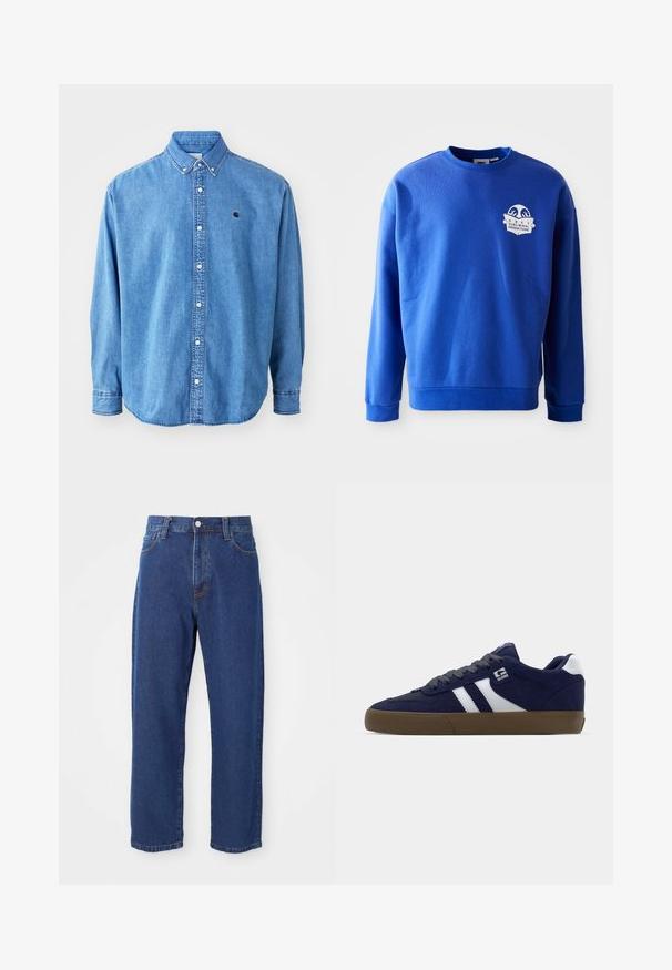 Blå sweatshirt lavet af bomuld med rund hals og lange ærmer. Har et hvidt logo patch på brystet samt ribbede manchetter og kant.; Denim button-down skjorte, lyseblå i farven, med krave, lange ærmer og et lille logo på brystet. Har hvide knapper og syninger.; Høj taljede blå jeans i denim, med lige ben silhuet, synlige stikninger og en frontknaplukning.; Mørkeblå ruskinds sneakers med hvide striber, grå snørebånd og en tekstureret brun gummisål. Har et logo på siden og en polstret krave.