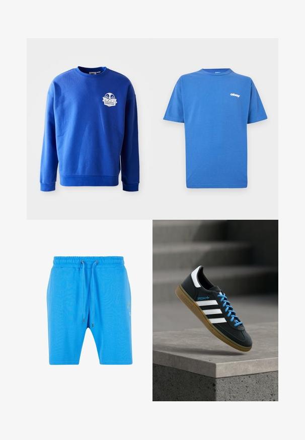 Blauwe sweatshirt van katoen met een ronde hals en lange mouwen. Bevat een witte logopatch op de borst en ribgebreide manchetten en zoom.; Blauw katoenen T-shirt met een ronde hals en korte mouwen. Voorzien van een wit "obey" logo op de linkerborst. Eenvoudig ontwerp, zonder patronen.; Blauwe katoenen shorts met een elastische tailleband, een trekkoordsluiting en subtiele grafische details aan de zijkant. Gladde textuur en ontspannen pasvorm.; Zwarte Adidas-sneaker met witte strepen, blauwe veters en een gumzool die boven een grijze betonnen trede zweeft in zacht licht.