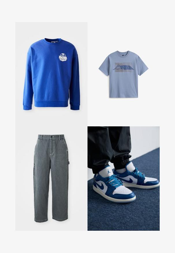 Blå sweatshirt lavet af bomuld med rund hals og lange ærmer. Har et hvidt logo patch på brystet samt ribbede manchetter og kant.; Lyseblå kortærmet t-shirt med et grafisk motiv af en blå og grå abstrakt bølge samt et ternet mønster på fronten.; Mørkegrå lige ben arbejdsbukser med bæltestropper, frontknap og lynlås, sidelommer og en hammerløkke på højre ben.; Nike Air Jordan sneakers har en hvid læderbase med blå syntetiske detaljer, en perforeret tåboks og blå snørebånd.