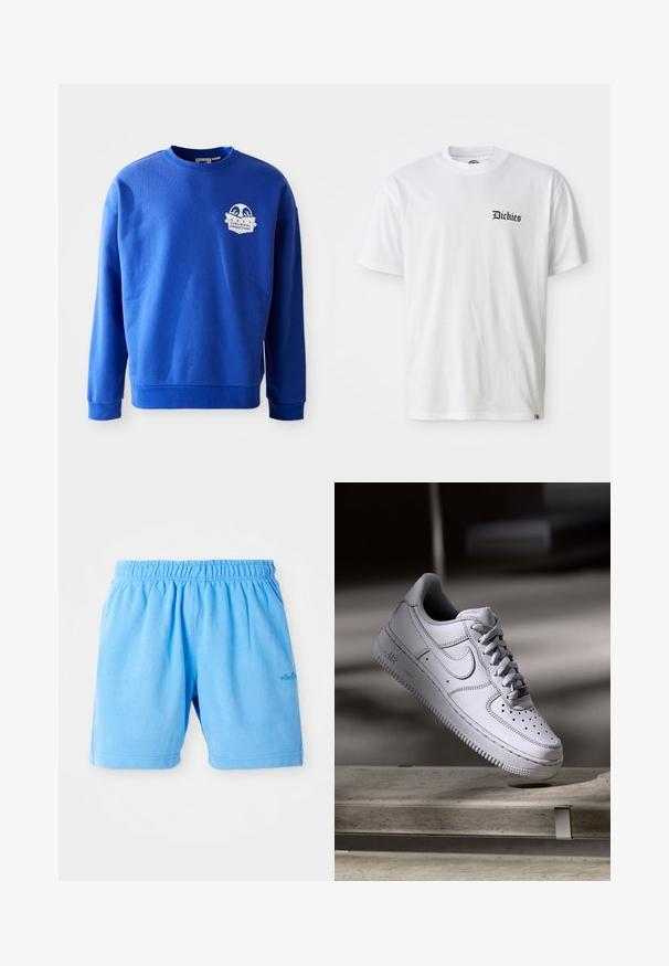 Blaues Sweatshirt aus Baumwolle mit Rundhalsausschnitt und langen Ärmeln. Mit einem weißen Logo-Patch auf der Brust sowie gerippten Bündchen und Saum.; Weißes Baumwoll-T-Shirt mit kurzen Ärmeln und Rundhalsausschnitt. Mit schwarzem "Dickies"-Logo, das auf der linken Brustseite aufgedruckt ist.; Helle blaue Baumwollshorts mit einem elastischen Bund, entworfen mit einer lockeren Passform. Mit doppelt genähten Säumen und einem kleinen Logo-Akzent.; Weißer Nike Air Force 1 Sneaker aus Leder mit perforierter Zehenpartie, flachen Schnürsenkeln und strukturierter Gummisohle mit "AIR"-Branding an der Seite.