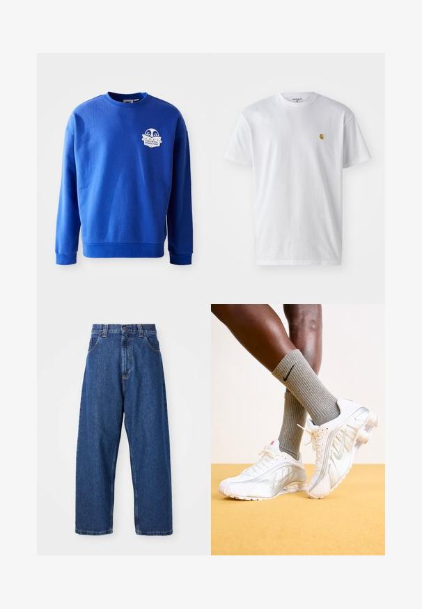 Blauwe sweatshirt van katoen met een ronde hals en lange mouwen. Bevat een witte logopatch op de borst en ribgebreide manchetten en zoom.; Witte katoenen t-shirt met korte mouwen en ronde hals, voorzien van een klein gouden logo op de linkerkant van de borst. Zachte textuur en een normale pasvorm.; Denim wijde broek in donkerblauw. Kenmerken zijn een hoge taille, riemlussen en een klassiek vijf-pocket ontwerp. Gestikte zoom met een schone afwerking.; Nike sneakers in het wit met zilveren accenten, met textuurpanelen en perforaties. Gecombineerd met grijze geribde sokken, tegen een gele achtergrond.