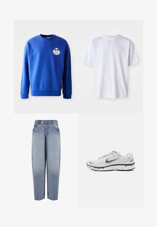 Sudadera azul de algodón con cuello redondo y mangas largas. Presenta un parche de logo blanco en el pecho y puños y dobladillo acanalados.; Camiseta blanca de algodón con cuello redondo y mangas cortas. Presenta un logo sutil bordado en un color a juego en el lado izquierdo del pecho.; Vaqueros azules de mezclilla de tiro alto y corte holgado, con bolsillos delanteros, trabillas para cinturón, cierre de botones y detalles desgastados a lo largo de las piernas.; Nike Sportswear P 6000 - Zapatillas - phantom/obsidian/summit white/white/black/metallic silver