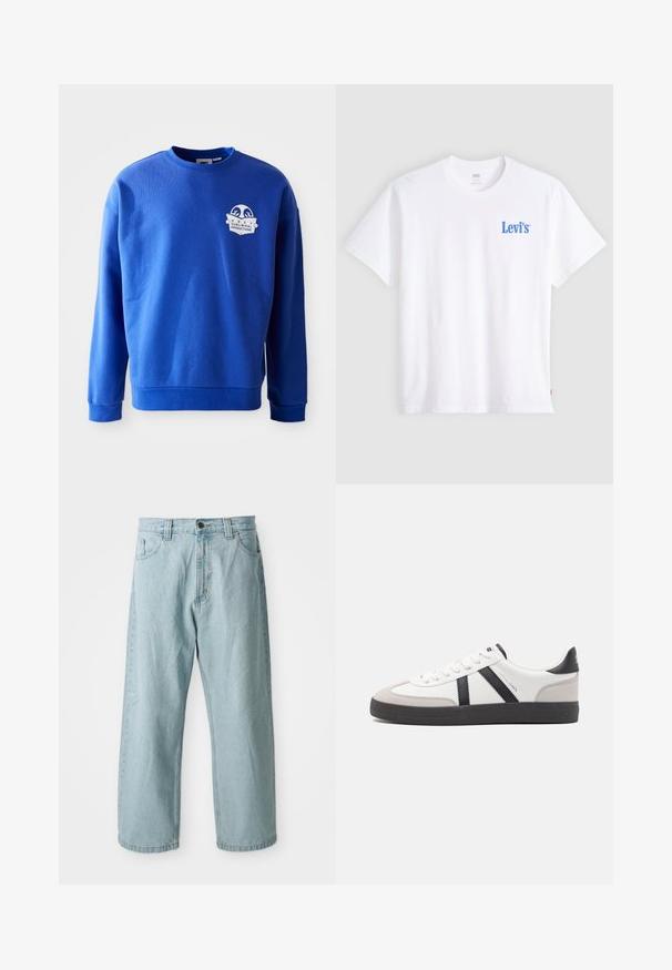 Blauwe sweatshirt van katoen met een ronde hals en lange mouwen. Bevat een witte logopatch op de borst en ribgebreide manchetten en zoom.; Wit T-shirt met korte mouwen en ronde hals, met een klein blauw Levi's-logo op de linkerborst en een rood Levi's-label aan de linkerkant van de zoom.; Lichtblauwe denim jeans met een wijde pijp. Beschikt over vijf zakken, een sluiting met een voorknoop en rits, en een iets vervaagde textuur.; Witte sneaker met zwarte en grijze accenten, voorzien van een grijze neus met textuur, zwarte rubberen zool en platte witte veters. Schoon ontwerp, minimalistische stijl.