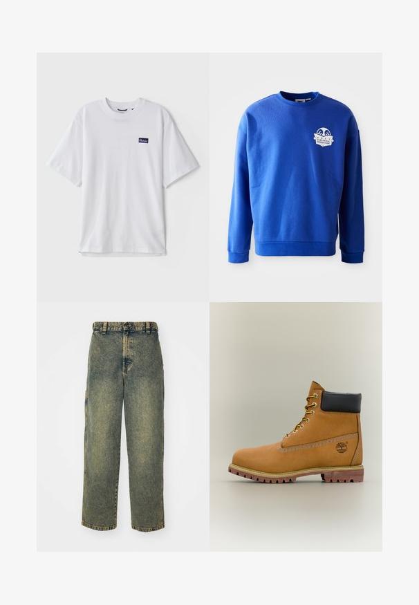 Sudadera azul de algodón con cuello redondo y mangas largas. Presenta un parche de logo blanco en el pecho y puños y dobladillo acanalados.; Camiseta de algodón blanca con cuello redondo, mangas cortas y un parche rectangular de logo azul marino en el área del pecho izquierdo.; Jeans de denim holgados en un lavado azul y verde descolorido. Presenta un cierre de botón, pasadores para el cinturón y bolsillos laterales. Diseño de frente plano y pierna recta.; Bota de tobillo de cuero marrón con cuello negro, cordones amarillos y suela beige. Presenta un logotipo y detalles de costura blanca. Suela exterior con tracción robusta.