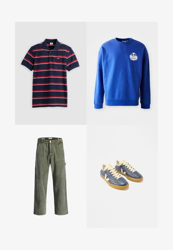 Blaues Sweatshirt aus Baumwolle mit Rundhalsausschnitt und langen Ärmeln. Mit einem weißen Logo-Patch auf der Brust sowie gerippten Bündchen und Saum.; Navyblaues Poloshirt mit rot-weißen horizontalen Streifen, drei Knöpfen am Kragen und kleinem Levi's-Logo auf der Brust. Aus weichem Baumwollmaterial.; Grüne Cordhosen mit weitem Bein, vertikalen Streifen, Knopfverschluss und Seitentaschen. Weiche Textur und bequeme Passform.; Paar flacher Sneakers mit blau strukturiertem Obermaterial, beigen Schnürsenkeln und Details sowie Kautschuksohlen in Gummifarben auf weißem Hintergrund.