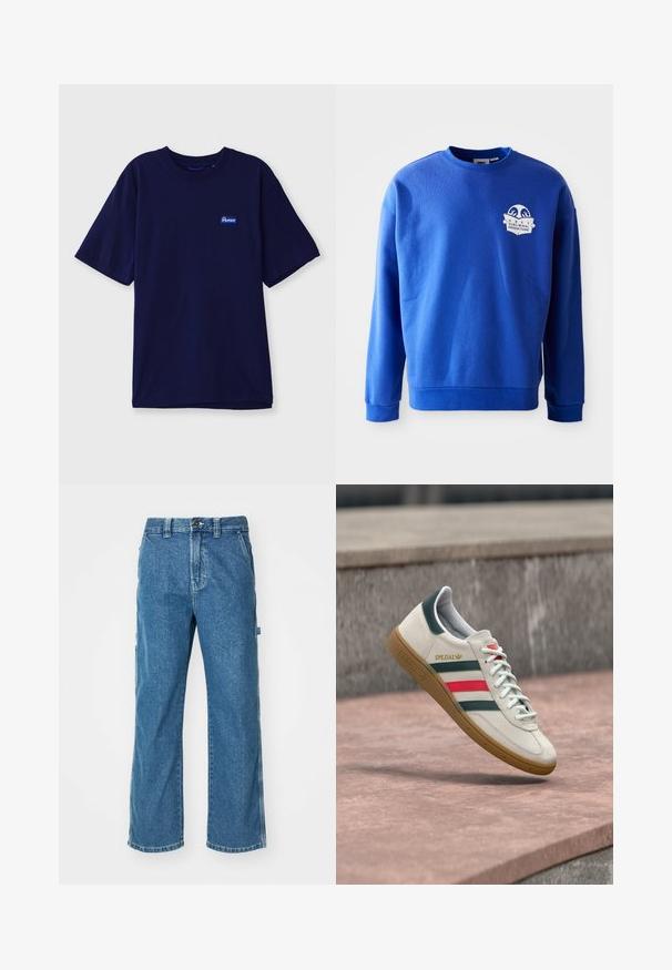 Blå sweatshirt lavet af bomuld med rund hals og lange ærmer. Har et hvidt logo patch på brystet samt ribbede manchetter og kant.; Marineblå bomulds-t-shirt med rund hals, korte ærmer og et lille rektangulært mærke i blå og hvid på venstre bryst.; Blå denim cargo bukser med en afslappet pasform, der har sidelommer, lynlås og kontrastsyninger på sømmene.; Hvid Adidas sneaker med grønne og røde striber, gummisål og "SPEZIAL" branding, der svæver over stensat belægning.