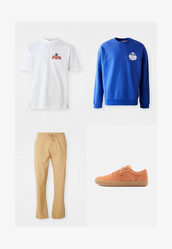 Blaues Sweatshirt aus Baumwolle mit Rundhalsausschnitt und langen Ärmeln. Mit einem weißen Logo-Patch auf der Brust sowie gerippten Bündchen und Saum.; Weißes Baumwoll-T-Shirt mit dem Textgrafik "the new originals" in Rot und blauen Sternen, Rundhalsausschnitt und kurzen Ärmeln.; Helle, leichte Hose in Beige mit einem Kordelzugbund, geradem Schnitt und Seitentaschen. Glatte Textur mit minimalen Nähdetails.; Sandfarbene Wildledersneaker mit texturiertem Obermaterial, runder Zehenpartie und Gummisohle. Verfügt über eine Schnürdesign und gestickte Akzente an den Seiten.