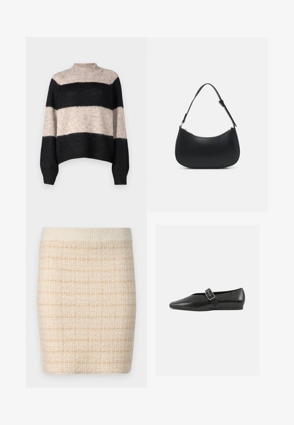 Stribet sweater med høj hals, der har tre vandrette bånd i sort og lys beige. Fremstillet af et blødt, tekstureret strikmateriale.; Strikket beige mini-nederdel med et struktureret ternet mønster, har en solid cremefarvet talje. Midt-lår længde, blødt stof.; Sorte læder flade sko med spidse tæer, prydet med en metallisk spænde over vristen og en lav, fleksibel sål.; Pieces PCALUANA SHOULDER BAG - Håndtasker - black