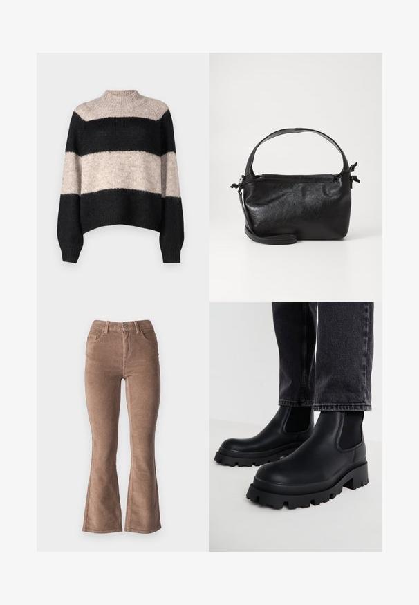 Stribet sweater med høj hals, der har tre vandrette bånd i sort og lys beige. Fremstillet af et blødt, tekstureret strikmateriale.; Brune fløjlsbukser med udvidede ben og ribbet tekstur, der har højt talje, fem lommer og en frontknaplukning.; Sorte ankelstøvler med en kraftig sål, lavet af glat læder, med elastiske sidepaneler og en blokhæl, parret med mørke denimbukser.; Sort læderhåndtaske med et struktureret design, rund tophåndtag og aftagelig skulderrem. Den har en glat tekstur og en subtil glans.