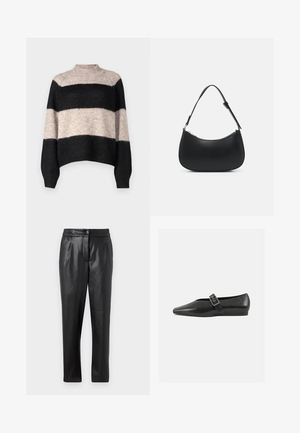 Pull rayé à col haut, comportant trois bandes horizontales en noir et beige clair. Fabriqué en maille douce et texturée.; Pantalons en cuir noir avec une texture lisse, coupe droite, taille élastique et fermeture à bouton à l'avant ; détails plissés et jambes fuselées.; Chaussure plate en cuir noir avec un orteil pointu, présentant une sangle à boucle métallique sur le cou-de-pied et une semelle basse et flexible.; Pieces PCALUANA SHOULDER BAG - Sac à main - black