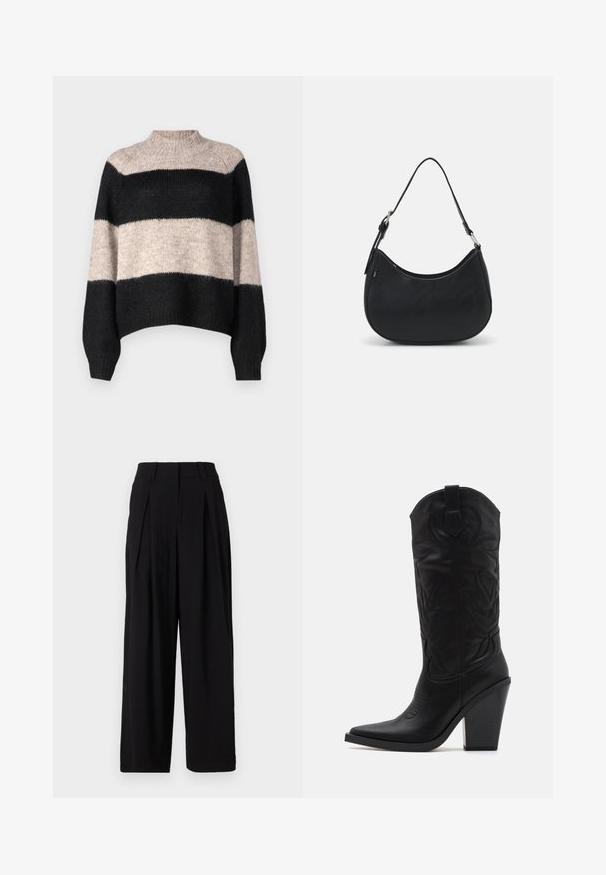 Stribet sweater med høj hals, der har tre vandrette bånd i sort og lys beige. Fremstillet af et blødt, tekstureret strikmateriale.; Sorte vide benbukser lavet af glat stof, med en høj talje, folder foran og en flydende silhuet.; Simmi London DANIQUE - Højhælede støvler - black; Sort hobo taske lavet af glat læder med en buet silhuet, der har en enkelt justerbar skulderrem og minimalistiske designdetaljer.