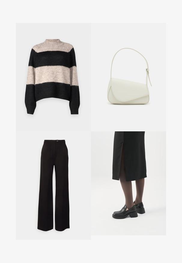 Stribet sweater med høj hals, der har tre vandrette bånd i sort og lys beige. Fremstillet af et blødt, tekstureret strikmateriale.; Sorte vide ben bukser lavet af et glat stof, med en frontknaplukning og to frontfolder for ekstra detaljer.; Kvinde iført sorte loafers med chunky hæl, sorte tynde strømpebukser og en sort nederdel med slids bagpå på hvid baggrund.; Hvid taske i faux læder med en struktureret trekantet form, enkelt justerbart skulderstrop og en flaplås med kurver.