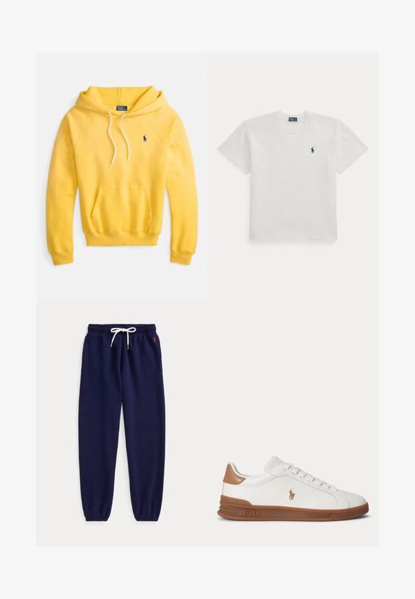 Geel katoenen hoodie met een voorvak in het midden, trekkoorden en een klein blauw logo op de linkerborst.; Witte T-shirt met korte mouwen en ronde hals met een klein donkerblauw polo speler logo op de linkerborst.; Marineblauwe joggerbroek met witte aantrekkoord in de taille en elastische boorden, met een klein rood logo geborduurd vlak bij de linker zak.; Witte lage sneaker met bruine zool en hiel, geborduurd Polo-logo aan de zijkant en witte veters.