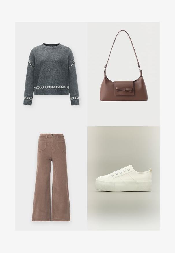 Pull gris tricoté à manches longues avec motifs en point de croix blancs sur les manches, les poignets et près de l'ourlet, avec un col rond.; Pantalons large en velours côtelé marron avec taille haute, dotés d'une fermeture à bouton, de deux poches arrière et d'une texture rayée verticale.; Baskets à plateforme blanches avec semelle épaisse texturée, lacets à l'avant et détails discrets de couture sur un fond neutre.; Sac à bandoulière en cuir marron avec une poche à rabat avant ornée d'un détail en forme de nœud cousu et une sangle réglable.