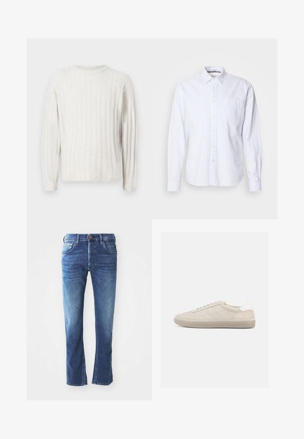 Cremefarbener Pullover mit geripptem Muster, rundem Halsausschnitt und langen Ärmeln. Weicher Stoff mit lockerer Passform.; Weißes Langarmhemd mit hellblauen vertikalen Streifen. Mit Knopfleiste, einer einzelnen Brusttasche und einem kleinen Markenlabel auf der Tasche.; Dunkelblaue Jeans aus Denim mit geradem Bein, ausgestattet mit fünf Taschen, einem braunen Knopfverschluss und dezenten hellen Verfärbungen an den Oberschenkeln.; Beiger Wildleder-Sneaker mit strukturiertem Obermaterial, glattem weißen Fersenbereich, dünnen Schnürsenkeln und Gummisohle. Verfügt über ein flaches Design.