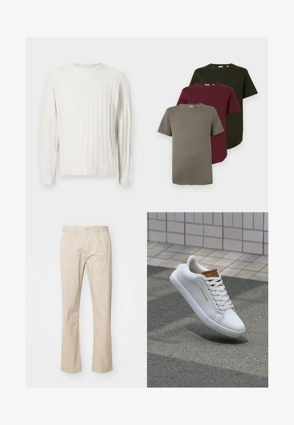 Cremefarbener Pullover mit geripptem Muster, rundem Halsausschnitt und langen Ärmeln. Weicher Stoff mit lockerer Passform.; Drei kurzärmlige T-Shirts in Olivgrün, Burgunderrot und Grau, aus weichem Baumwollmaterial, mit Rundhalsausschnitt und einer lockeren Passform.; Beige Baumwoll-Chinos mit geradem Bein, ausgestattet mit einem Knopfverschluss und subtilen Falten für Textur. Glatter Stoff und klare Linien.; Weiße Ledersneaker mit glatter Textur, tanfarbener Akzent an der Ferse, goldenes Logo an der Seite und Gummisohle mit strukturiertem Griff.