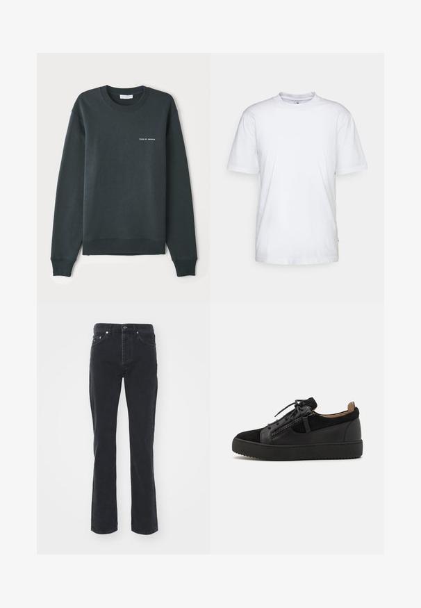 Dunkelgrüner Sweatshirt, Rundhalsausschnitt, lange Ärmel, gerippte Bündchen und Saum, mit einem weißen Textlogo "TIGER OF SWEDEN" auf der Brust.; Weißes Baumwoll-T-Shirt mit Rundhalsausschnitt, kurzen Ärmeln und geradem Saum. Auf der linken Seitennaht befindet sich ein kleines Markenzeichen.; Schwarze Jeans aus Denim mit geradem Bein, ausgestattet mit fünf Taschen und einem Knopfverschluss. Der Stoff hat eine subtile Textur und eine robuste Verarbeitung.; Giuseppe Zanotti DOUBLE ZIP - Sneaker low - black