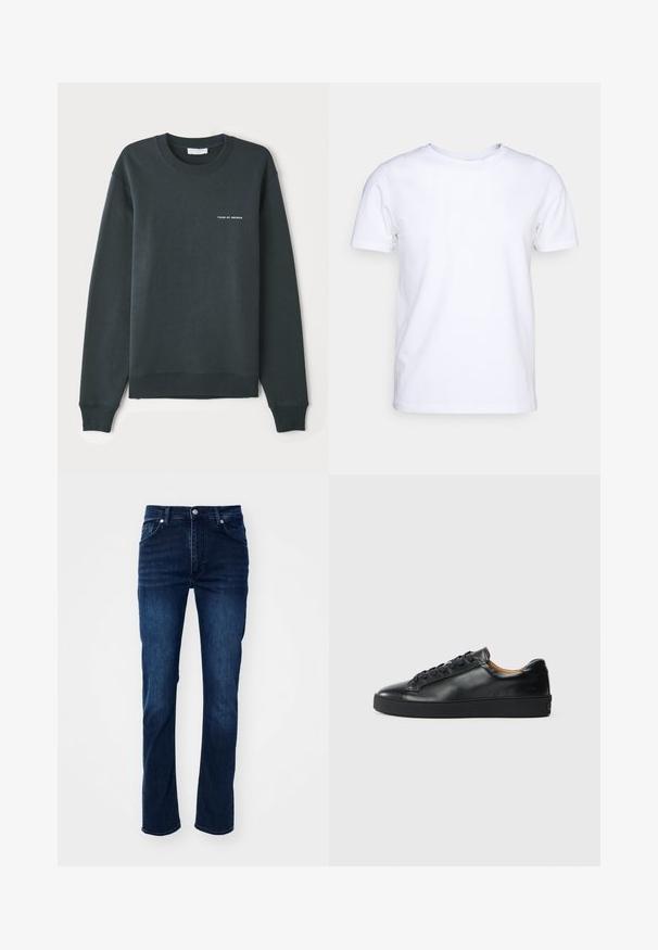 Dunkelgrüner Sweatshirt, Rundhalsausschnitt, lange Ärmel, gerippte Bündchen und Saum, mit einem weißen Textlogo "TIGER OF SWEDEN" auf der Brust.; Weißes T-Shirt mit kurzen Ärmeln aus Baumwollstoff und rundem Halsausschnitt. Schlichtes Design ohne Muster oder Akzente. Glatte Textur.; Dunkelblaue Jeans aus Denim im geraden Schnitt, mit einem klassischen Fünf-Taschen-Design und dezenten Nähdetails.; Schwarze Leder-Sneaker mit glatter Textur, runder Zehenpartie und Schnürverschluss. Verfügt über eine dicke Gummisohle und minimalistische Marken-Details.