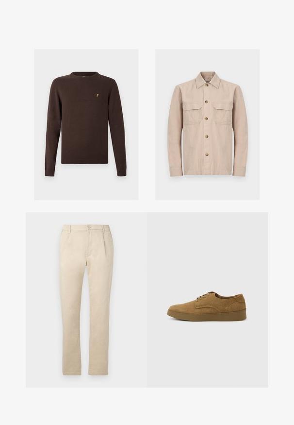 Pull marron tricoté à manches longues, col rond et ourlets côtelés. Présente un petit logo d'oiseau doré sur la poitrine.; Veste-chemise beige à manches longues avec col et deux poches à rabat sur la poitrine, présentée sur un fond clair uni.; Pantalon beige droit avec fermeture par bouton et fermeture éclair, passants pour ceinture et côtés élastiques à la taille.; Chaussure décontractée à lacets en daim marron avec semelle en caoutchouc plate, vue de côté sur un fond clair uni.