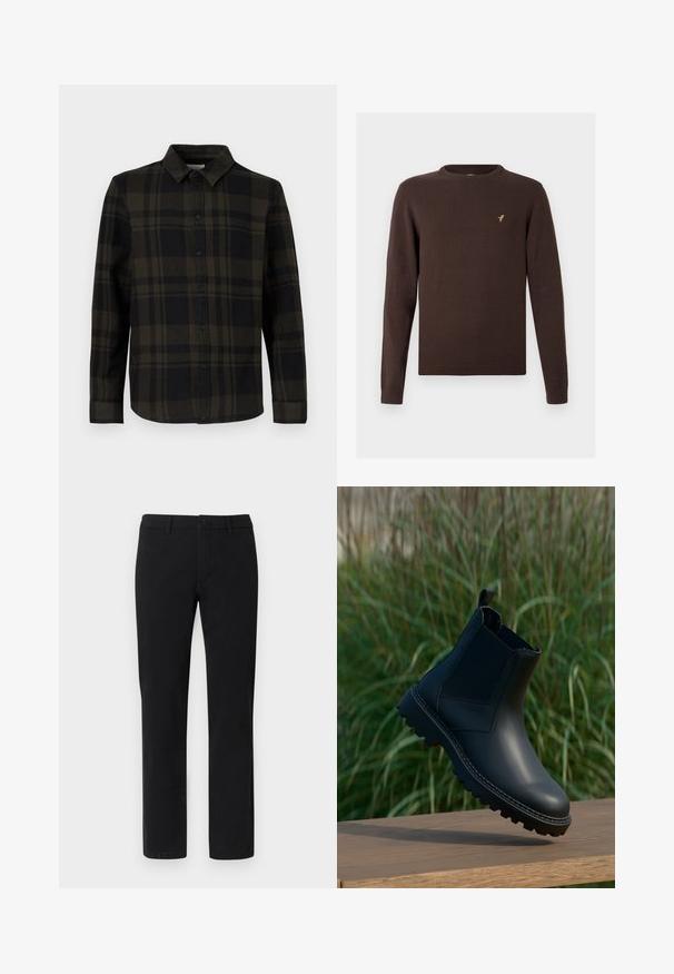 Pull marron tricoté à manches longues, col rond et ourlets côtelés. Présente un petit logo d'oiseau doré sur la poitrine.; Chemise à carreaux noirs et verts foncés en tissu, avec patte de boutonnage, manches longues et col classique.; Chinos noirs à coupe droite, fabriqués en mélange de coton lisse, avec passants pour ceinture et fermeture avant par bouton.; Bottine en cuir noir avec tirant et panneaux latéraux élastiques flottant au-dessus d'une surface en bois, herbe verte floue en arrière-plan.