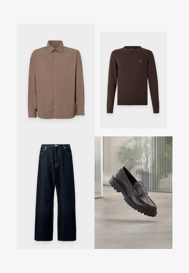 Pull marron tricoté à manches longues, col rond et ourlets côtelés. Présente un petit logo d'oiseau doré sur la poitrine.; Chemise marron à manches longues en tissu texturé, avec un devant à boutons, un col pointu et des boutons visibles le long de la patte de boutonnage.; Jean en denim large bleu foncé avec fermeture à boutons et à glissière à l'avant, passants de ceinture et couture visible sur les poches et les coutures.; Chaussure à enfiler en cuir marron avec un bout rond et une semelle en caoutchouc noire robuste. Présente une bride décorative traversant le coup de pied.