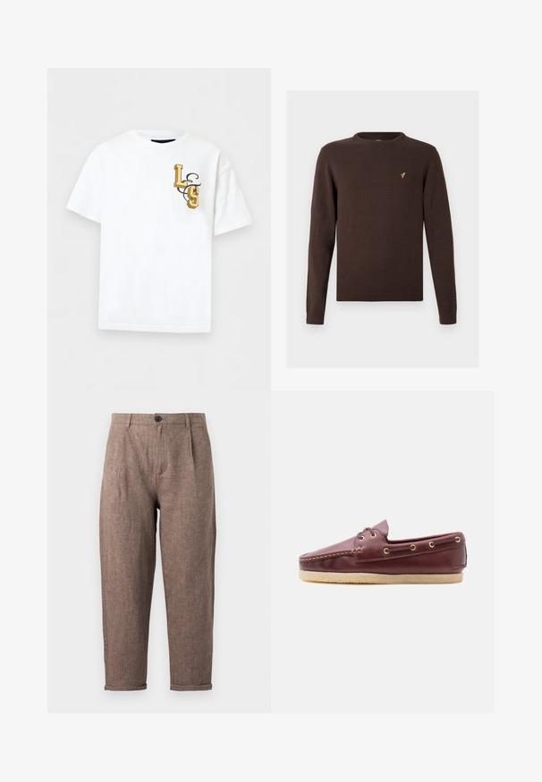 Pull marron tricoté à manches longues, col rond et ourlets côtelés. Présente un petit logo d'oiseau doré sur la poitrine.; T-shirt blanc à manches courtes avec des lettres jaunes en style 3D "L" et "S" et un motif tourbillonnant noir sur la zone gauche de la poitrine.; Pantalon droit marron à motif chevrons avec fermeture avant à boutons et zip, passants pour ceinture et ourlets retroussés.; Chaussure bateau en cuir marron avec couture moc toe, détails lacets à travers des œillets dorés, et semelle en caoutchouc beige, vue de profil sur fond blanc.