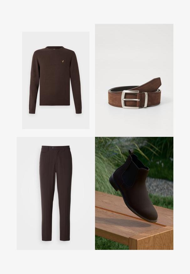 Pull marron tricoté à manches longues, col rond et ourlets côtelés. Présente un petit logo d'oiseau doré sur la poitrine.; Pantalon marron foncé ajusté en tissu lisse, avec devant plat, poches latérales et fermeture par bouton. Coupe droite, sans motif apparent.; Botte cheville en cuir marron avec des panneaux élastiques sur les côtés, bout rond, petit talon et une languette pour un enfilage facile, reposant sur une surface en bois.; Ceinture en suède marron avec une boucle en métal argenté et des détails de coutures linéaires. La ceinture est plate et a une largeur et une forme classiques.