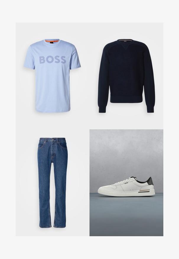 Suéter de punto azul marino oscuro con cuello redondo, puños acanalados y detalles en el panel de los hombros. Textura suave con un patrón liso y dobladillo elástico.; Camiseta de algodón azul claro con cuello redondo y mangas cortas, que presenta la palabra "BOSS" destacada en letras gruesas de color púrpura oscuro.; Vaqueros de mezclilla azul con corte recto, diseño de cinco bolsillos y costuras claras. Presenta un cierre de cremallera y un botón en la parte frontal.; Zapatilla baja blanca con talón negro, cierre con cordones, perforaciones sutiles y el logo "BOSS" en el costado, mostrada desde el perfil exterior.