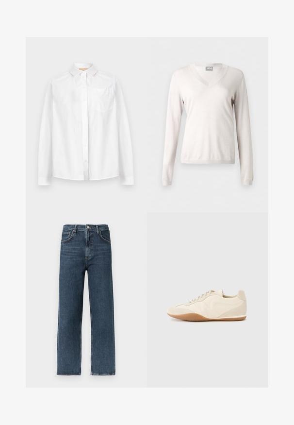 Pull blanc à manches longues avec col en V, poignets et ourlet côtelés, présenté sur un fond clair uni.; Chemise blanche à manches longues, boutonnée, avec col et poche poitrine, présentée sur un fond clair uni.; Jean droit bleu foncé en denim, doté d'un design à cinq poches, de passants pour ceinture et d'une fermeture à bouton à la taille.; Baskets beige clair avec une tige en cuir texturé, des panneaux latéraux texturés et une semelle en caoutchouc. Dotées d'un design fin et épuré ainsi que de lacets plats.