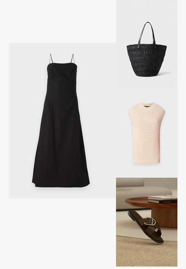 Ärmelloses Strickoberteil in hellbeige, mit strukturiertem Webmuster, geripptem Hals- und Saumabschluss, gerader Silhouette und offenen Seiten.; Faithfull the brand OSTANO DRESS - Maxikleid - black; Braune Leder-Slipper-Sandale mit goldener Schnalle auf beigem Teppich, im Hintergrund ein Holztisch und Bücher.; Schwarze, gewebte Tragetasche mit zwei dünnen Ledergriffen und einem dezenten, geflochtenen Logo auf der Vorderseite, stehend vor einem hellen Hintergrund.