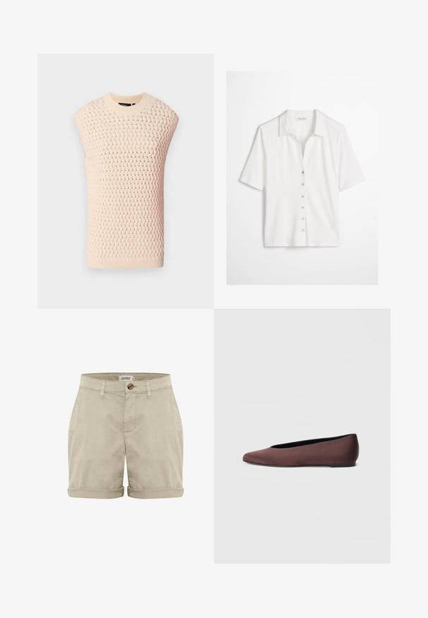 Haut sans manches en beige clair, avec un motif tissé texturé, un col et un ourlet côtelés, une silhouette droite et des côtés ouverts.; Chemise blanche à manches courtes avec col, six boutons métalliques sur le devant et une silhouette ajustée sur un fond uni.; Shorts en coton beiges avec un ourlet retroussé, dotés d'une fermeture à bouton sur le devant et de poches cousues. Texture lisse avec des détails minimes.; Ballerines en tissu marron avec un bout pointu et une texture lisse, dotées d'un talon bas et d'une fine semelle noire. Aucune motif ni élément métallique visible.