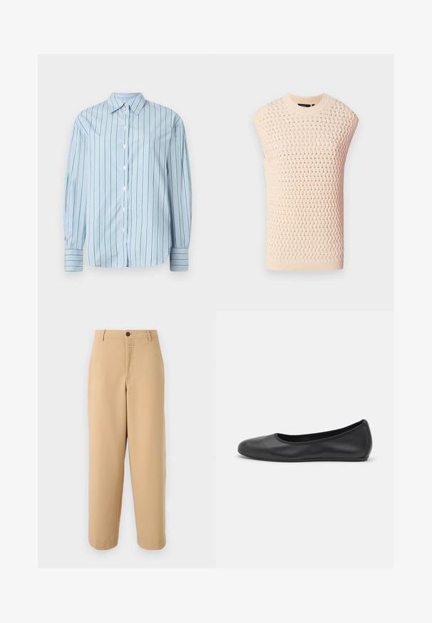 Haut sans manches en beige clair, avec un motif tissé texturé, un col et un ourlet côtelés, une silhouette droite et des côtés ouverts.; Chemise à manches longues bleu clair avec des rayures verticales vertes, boutonnière à l'avant et poignets rayés contrastants. Tissu lisse, design de col classique.; CLOSED WRENNA - Pantalon classique - urban beige; Ballerines en cuir noir avec un bout rond, texture lisse, détails de couture minimalistes et design de semelle flexible.