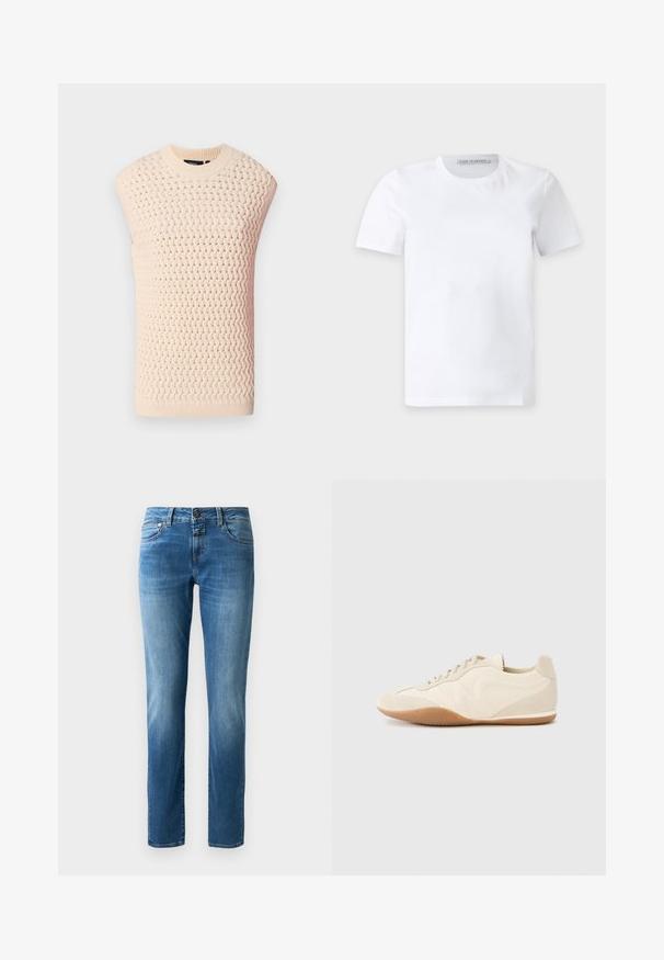 Haut sans manches en beige clair, avec un motif tissé texturé, un col et un ourlet côtelés, une silhouette droite et des côtés ouverts.; T-shirt blanc uni à manches courtes et col rond avec une petite étiquette de marque à l'intérieur du col portant la mention "Tiger of Sweden."; Jean en denim bleu avec un design à jambe droite, doté d'une fermeture à bouton, de cinq poches et d'une légère décoloration. Texture lisse avec des coutures oranges.; Baskets beige clair avec une tige en cuir texturé, des panneaux latéraux texturés et une semelle en caoutchouc. Dotées d'un design fin et épuré ainsi que de lacets plats.