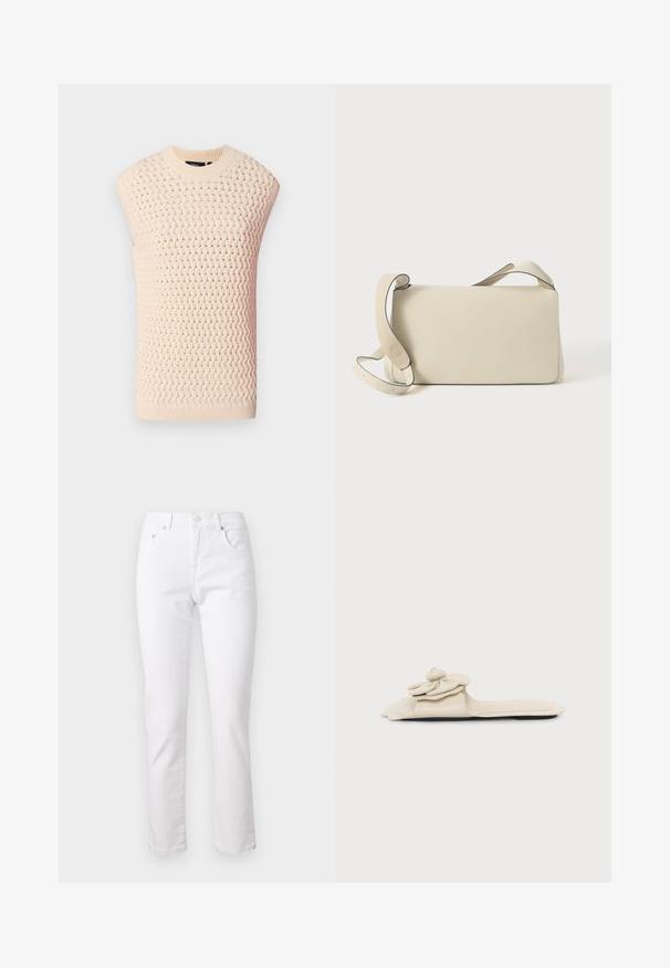 Strik uden ærmer i lys beige, med tekstureret vævet mønster, ribbestrikket halsudskæring og kant, lige silhuet og åbne sider.; Hvide denimjeans med lige ben, fem-lomme design og metalknaplukning, der har en glat tekstur og minimal syning.; Beige flad slidesandal med lagdelt blomstermotiveret rem og en glat sål mod en hvid baggrund.; Cremefarvet læder skuldertaske med justerbar rem og klaplukning, sat mod en ensfarvet hvid baggrund.