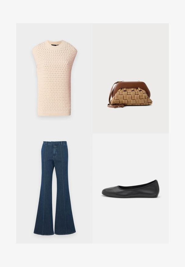 Top sin mangas de punto en un beige claro, con patrón tejido texturizado, cuello y dobladillo acanalados, silueta recta y lados abiertos.; Pantalones de mezclilla acampanados en azul oscuro, con costuras estructuradas y un acabado limpio. Presenta una cinturilla de altura media y piernas anchas y fluidas.; Bailarina de piel negra con punta redondeada, textura suave, detalle de costura minimalista y diseño de suela flexible.; Bolso pequeño con una parte superior de cuero marrón y una sección inferior con un patrón tejido en tonos marrón claro y oscuro, con una correa de cuero desmontable.