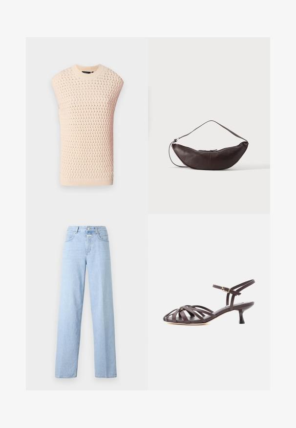 Haut sans manches en beige clair, avec un motif tissé texturé, un col et un ourlet côtelés, une silhouette droite et des côtés ouverts.; Jean taille haute bleu clair avec une coupe droite. Fabriqué en denim, doté de cinq poches et d'une fermeture à bouton à l'avant. Design minimaliste.; Sandale à talon kitten en cuir marron foncé avec lanières et bride de cheville réglable à boucle sur fond blanc.; Sac d'épaule en cuir marron foncé en forme de croissant avec une lanière courbée et des coutures visibles sur fond uni.