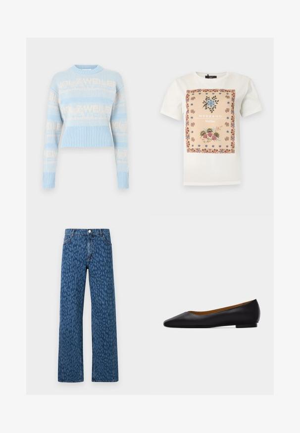 Gehaakte trui in lichtblauw met crème logo tekst. Voorzien van geribbelde zoom en manchetten, lange mouwen en een ronde hals. Kort model.; Wit T-shirt met korte mouwen en een beige bloemendecoratie met blauwe en roze bloemen en de tekst "WEEKEND Max Mara" centraal op de voorkant.; Wijde pijpen jeans in een donkerblauwe denim, met een luipaardprint, voorkruiken en een klassieke knoopsluiting.; Zwarte leren puntschoen met lage hak en gladde afwerking, zijaanzicht op een lichtgrijze achtergrond.