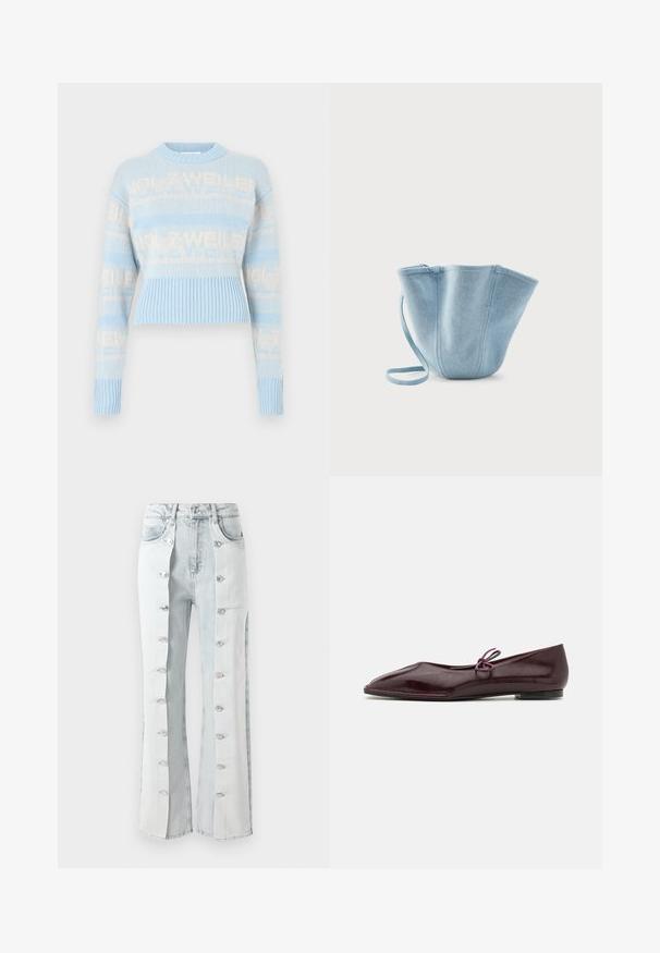 Gehaakte trui in lichtblauw met crème logo tekst. Voorzien van geribbelde zoom en manchetten, lange mouwen en een ronde hals. Kort model.; Lichtblauwe denim jeans met zilveren knoopaccenten, met een wijd uitlopende pasvorm en zijpanelen. De stof heeft een gestructureerde afwerking.; Ballerina's in bordeaux patenta leder met een spitse neus en een decoratieve paarse strik op de wreef; ontwerp met platte zool.; Lichtblauwe stoffen emmerentas met lange band, brede bovenopening en gestikte verticale naden, afgebeeld tegen een effen witte achtergrond.