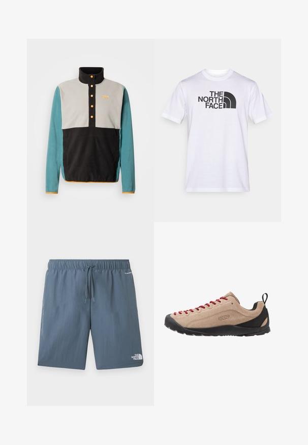 Pull polaire à col montant. Présente des panneaux noirs, gris et turquoise, des boutons orange en accent, et un logo sur la poitrine.; T-shirt en coton blanc avec un logo noir "THE NORTH FACE" et un élément de design incurvé. Manches courtes et col rond.; Shorts à taille élastique bleue avec cordon de serrage, logo The North Face sur la jambe gauche, et texte « FLASHDRY » près de la poche droite.; Baskets basses en suede beige avec des lacets rouges, semelle en caoutchouc noir et accents en mesh près du talon pour la respirabilité et le confort.