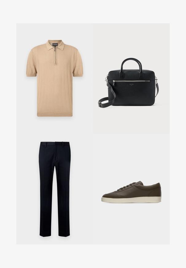Polo en maille beige à manches courtes avec un motif texturé et une demi-fermeture éclair à l'avant, doté d'un col classique ainsi que d'un ourlet et de poignets côtelés.; Pantalon noir en tissu lisse, doté d'une coupe droite, d'une taille avec passants pour ceinture et d'une fermeture éclair à l'avant.; Baskets basses en cuir marron foncé avec lacets sur le devant et semelle en caoutchouc couleur crème, vues de côté extérieur sur fond blanc.; Serviette rectangulaire en cuir noir texturé avec double poignée, poche avant zippée et bandoulière réglable présentée sur fond blanc.