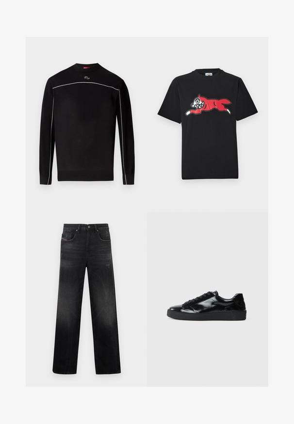 Pull-over en maille noire à manches longues avec liseré blanc sur la poitrine et les manches, poignets et ourlet côtelés, et petit logo ovale sous le col.; T-shirt en coton noir avec un graphisme rouge et blanc représentant un chat de dessin animé sautant, aux traits exagérés, sur un fond uni.; Jean en denim noir à coupe droite, avec cinq poches, un léger délavage et un aspect usé. Détails visibles en métal et coutures apparentes.; Baskets en cuir verni noir avec un bout arrondi, un laçage, une semelle en caoutchouc texturé et une finition lisse.