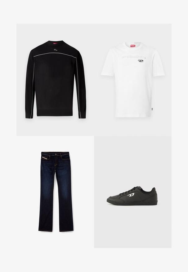 Jersey negro de punto de manga larga con ribetes blancos en el pecho y las mangas, puños y dobladillo acanalados, y pequeño logo ovalado debajo del cuello.; Camiseta blanca de algodón con cuello redondo y mangas cortas, con un diseño impreso en negro y el nombre de la marca "DIESEL" centrado encima de un gráfico de un ojo.; Jeans de mezclilla de color azul oscuro con corte recto, con costuras naranjas, cremallera en la bragueta y bolsillos delanteros. Textura suave y cinturilla estándar.; Zapatillas deportivas negras sintéticas con suela negra texturizada, puntera redonda y cordones planos negros. Destaca un logo blanco en el lateral exterior.