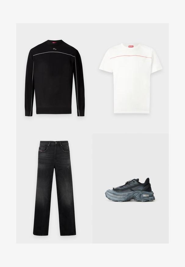 Pull-over en maille noire à manches longues avec liseré blanc sur la poitrine et les manches, poignets et ourlet côtelés, et petit logo ovale sous le col.; T-shirt Diesel blanc à manches courtes avec une fine ligne rouge traversant la poitrine et une étiquette logo Diesel rouge au niveau de l'encolure.; Jean en denim noir à coupe droite, avec cinq poches, un léger délavage et un aspect usé. Détails visibles en métal et coutures apparentes.; Baskets Diesel noires et grises avec semelle épaisse, système de laçage à bascule et design texturé sur fond gris clair uni.